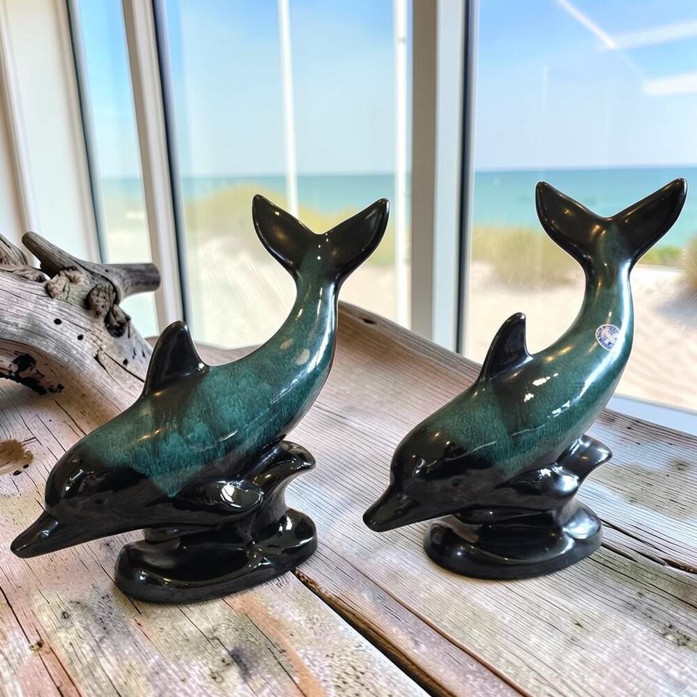 Pair Blue Mountain Vintage Dolphin Figurines Terra Cotta Ceramics 12 inches tall